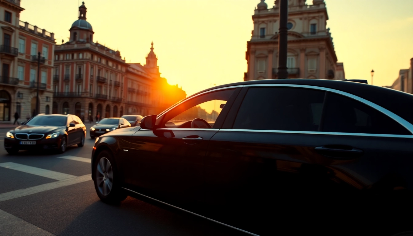 Luxury hire chauffeur Madrid driving an elegant car through beautiful city streets.