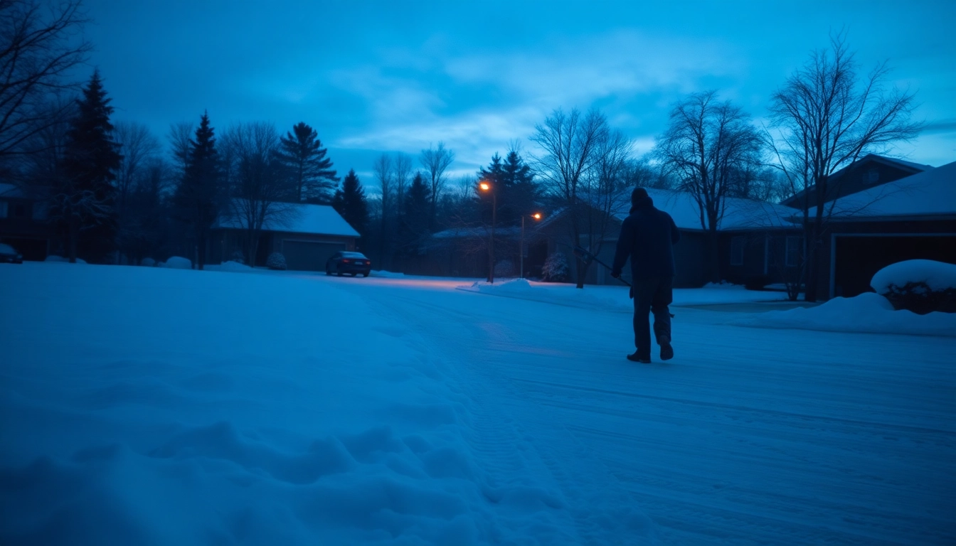 Person engaging in snow removal by shoveling a driveway covered with fresh snow.