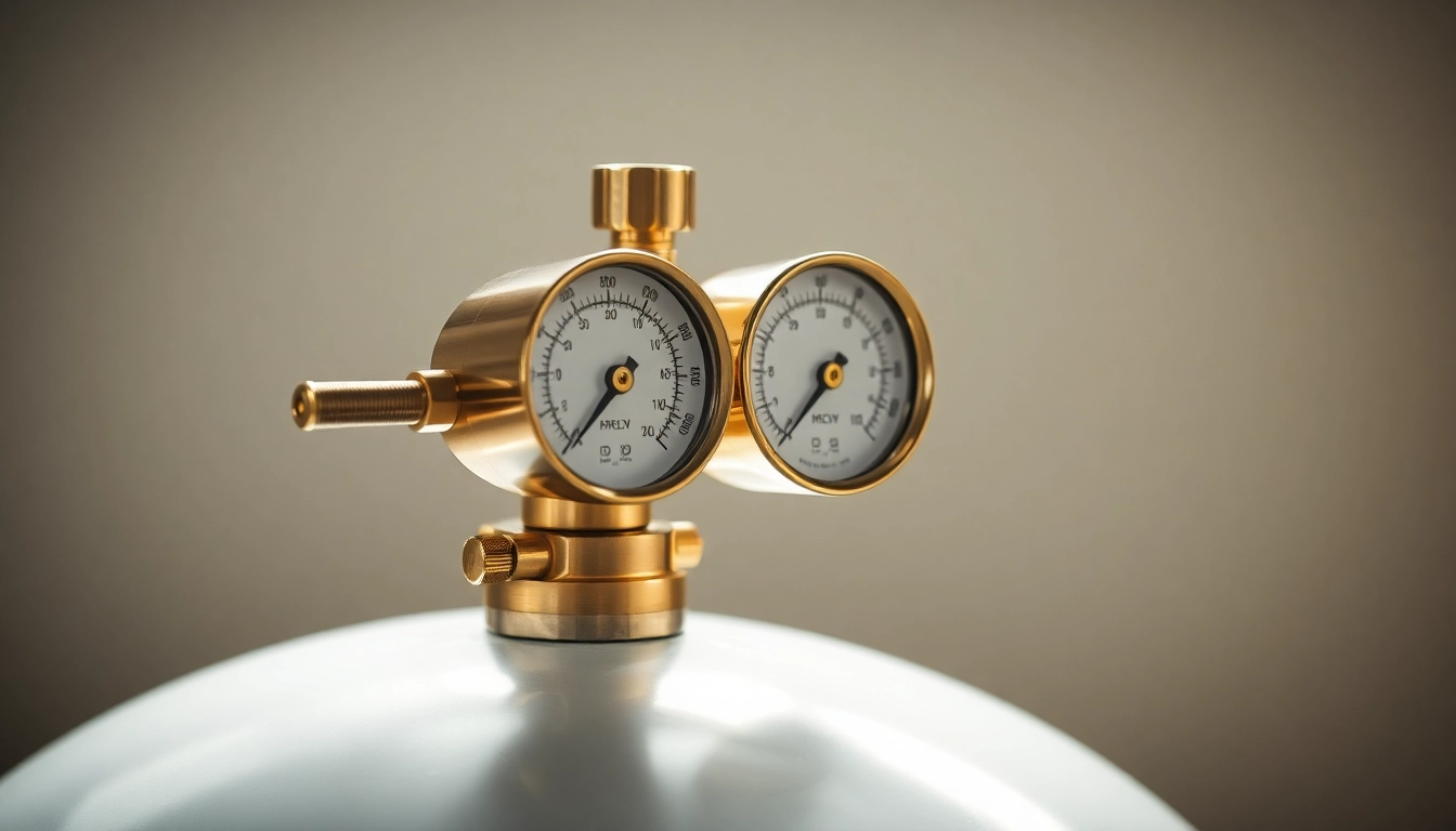 View a high-quality nitrogen regulator with dual gauges showcasing its intricate design and functionality.