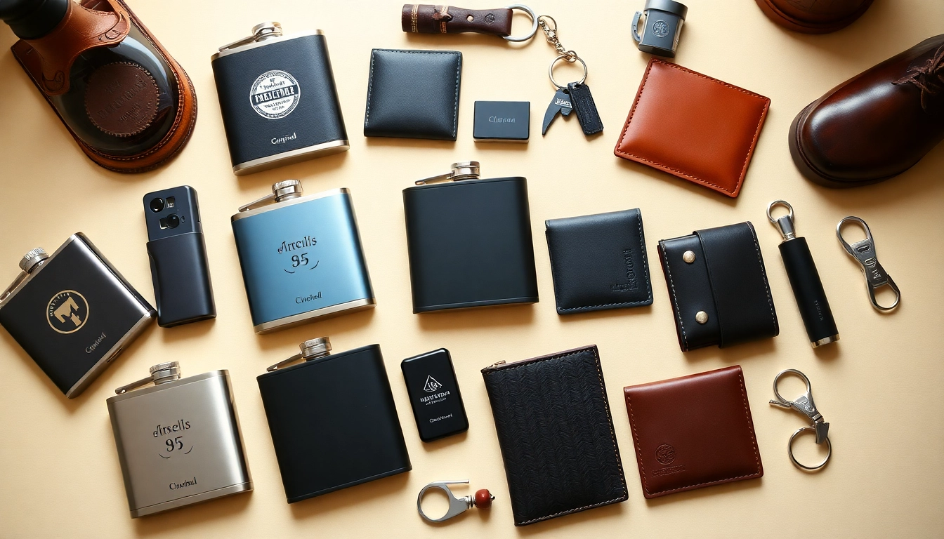 Explore a variety of cheap groomsmen gifts including personalized flasks and wallets beautifully arranged.