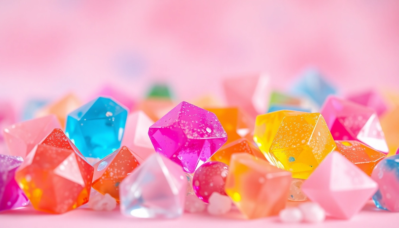 Enjoying delectable crystal candy with vibrant colors and sparkling textures on a pastel background.