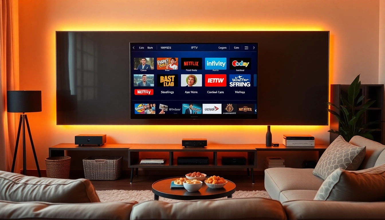 Watch diverse content with abonnement iptv in a cozy living room setting with a TV and snacks.