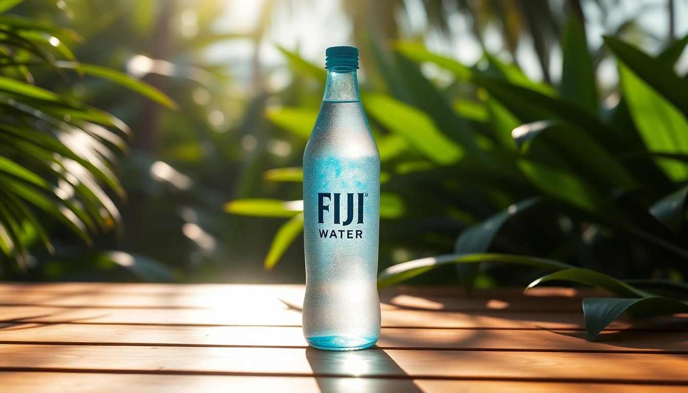 View of Fiji Water bottle highlighting its crystal-clear appearance and tropical surroundings.