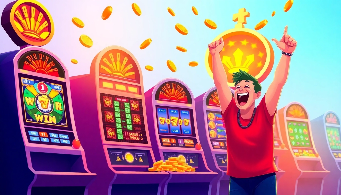Experience exciting slot online gameplay with colorful machines and winning celebrations.