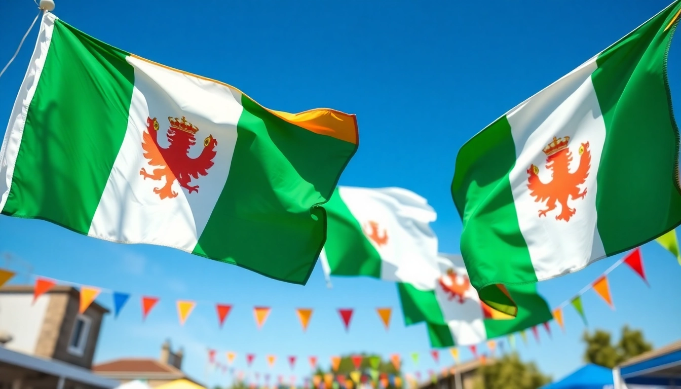 Display custom flags Ireland with unique designs in a bright and festive outdoor setting.