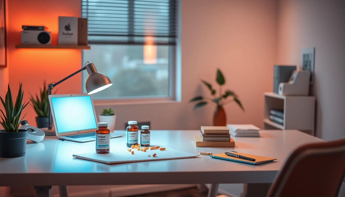 Showcase vibrant nootropics that enhance focus and mental clarity on a well-organized desk.