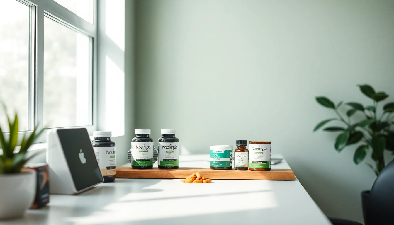 Nootropics supplements enhancing focus on a stylish desk with calming natural light.