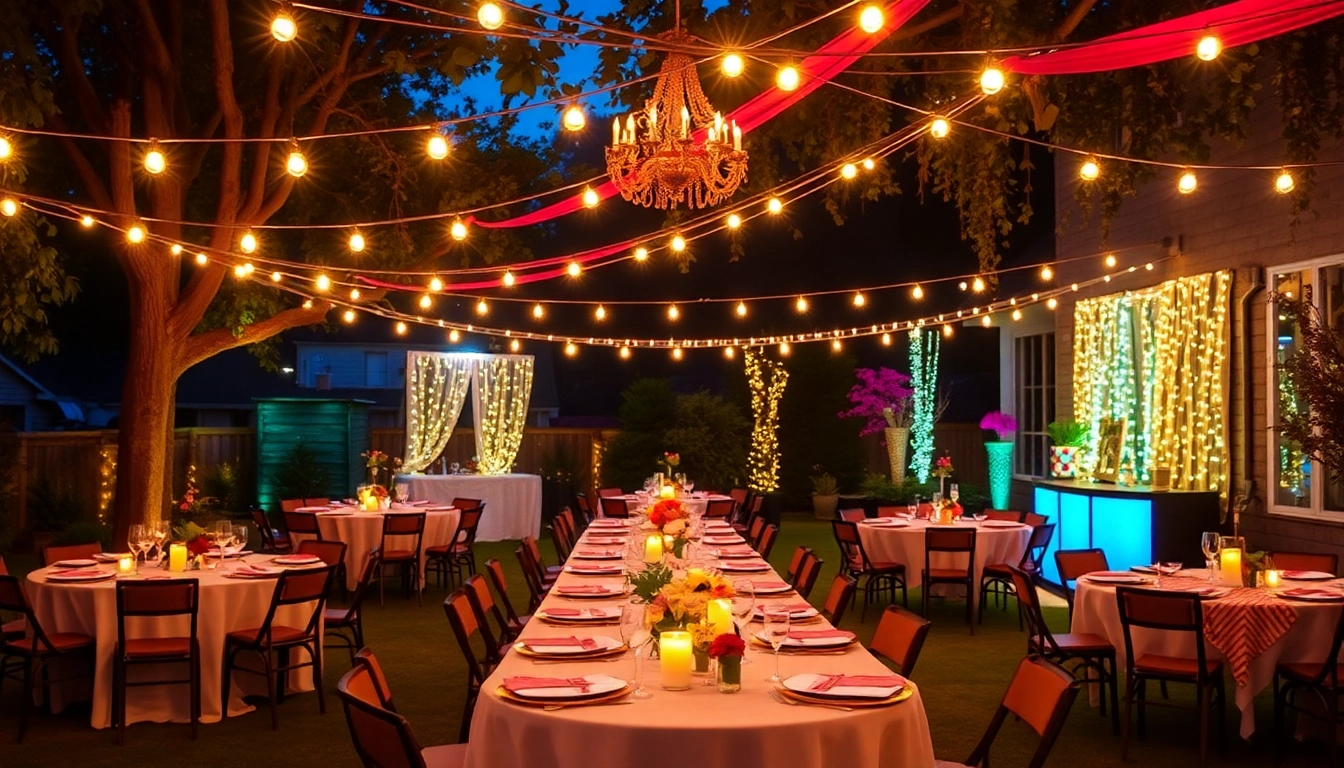 Showcase a unique event decor featuring elegantly set tables under glowing string lights.