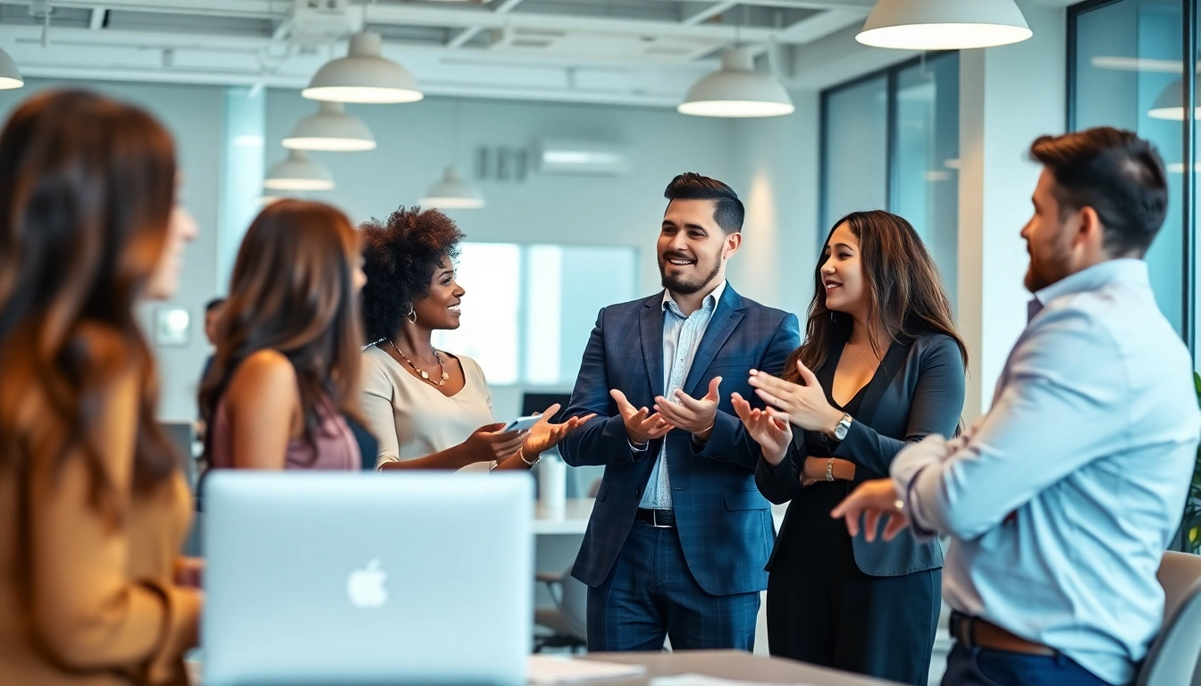 Engaging team meeting discussing employer of record solutions with diverse professionals in a vibrant office.