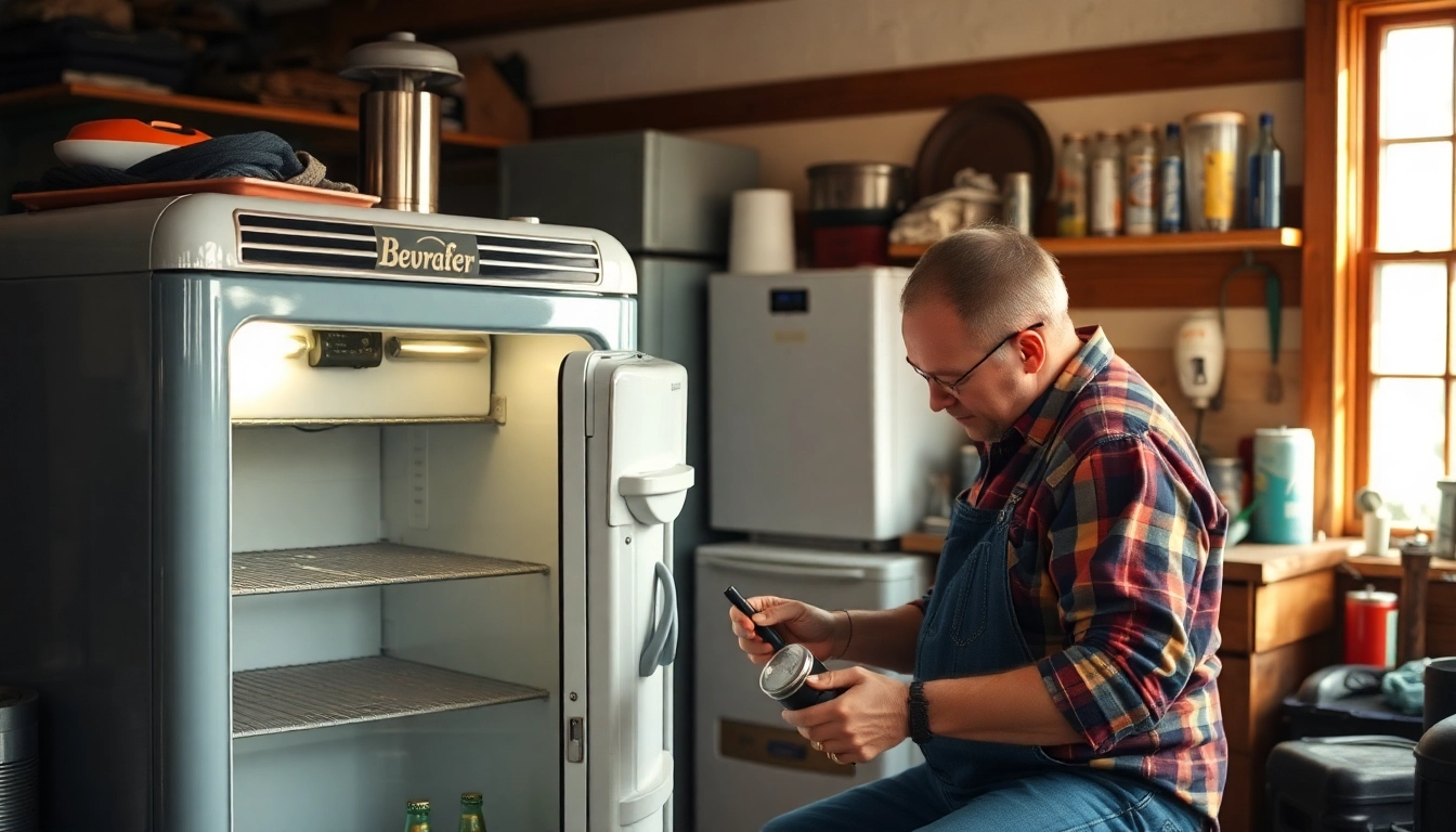 Expert technician performing beverage cooler repair in a workshop setting with tools and parts.