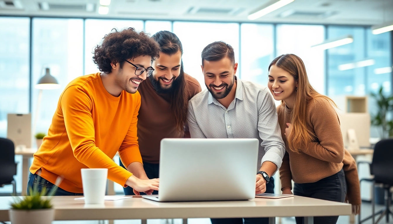 Outsourcing collaboration: diverse team working together on a laptop in a modern office.