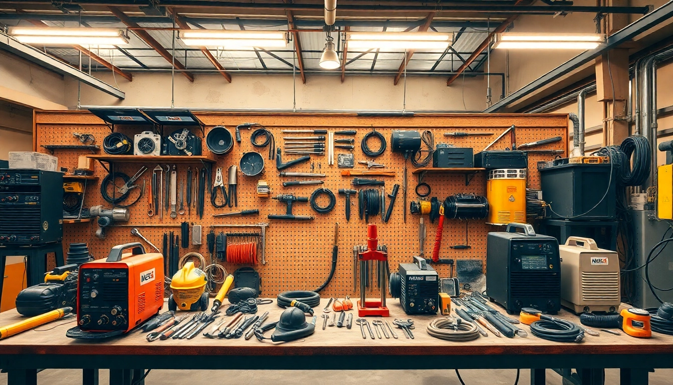 Find premium welding supplies near me, including tools and safety gear displayed in a well-organized workspace.