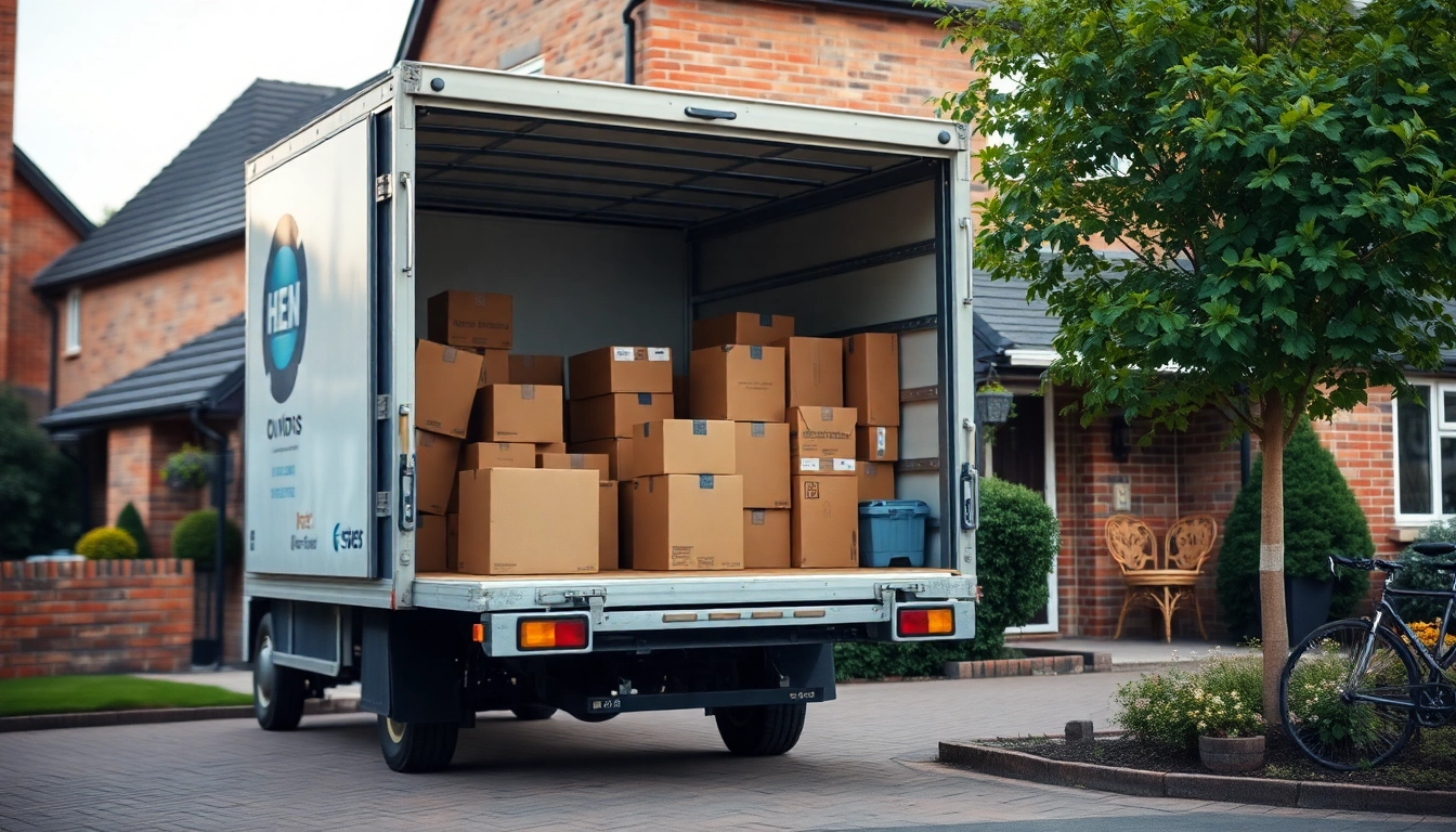 Home removals West Yorkshire: A moving truck parked outside a cozy house, ready for relocation.