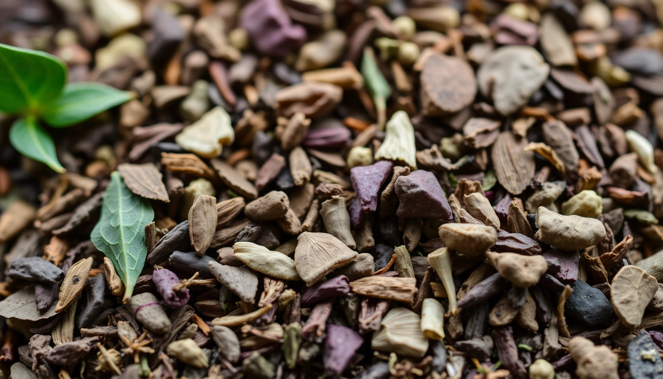 Enjoy fragrant loose leaf tea blends showcasing dried herbs and leaves in warm, inviting colors.