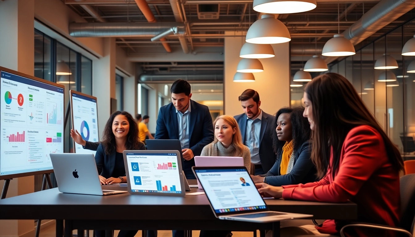 Professionals conducting market research data collection in a dynamic office setting.