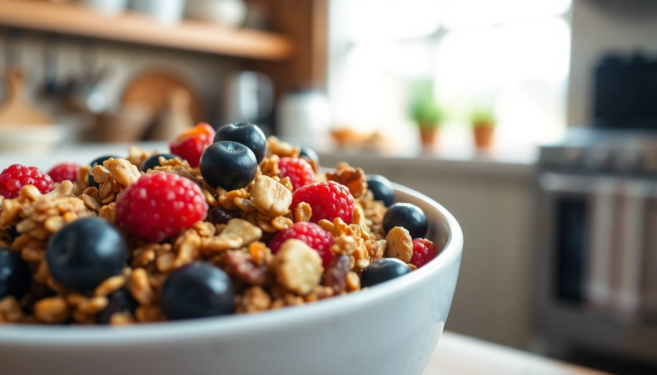 Enjoy wholesome Gluten Free Granola topped with fresh berries and nuts for a healthy breakfast.