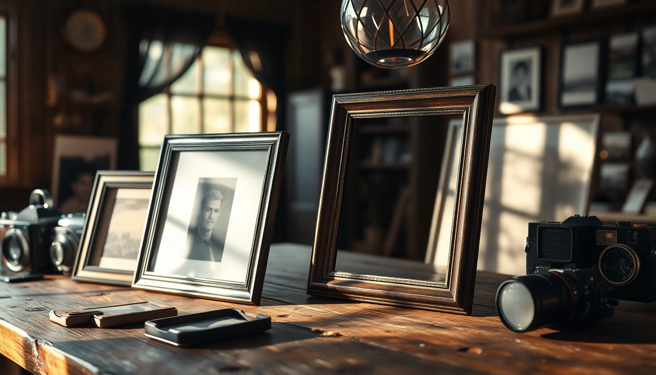 Showcasing elegant vintage frames on a wooden table with nostalgic props.