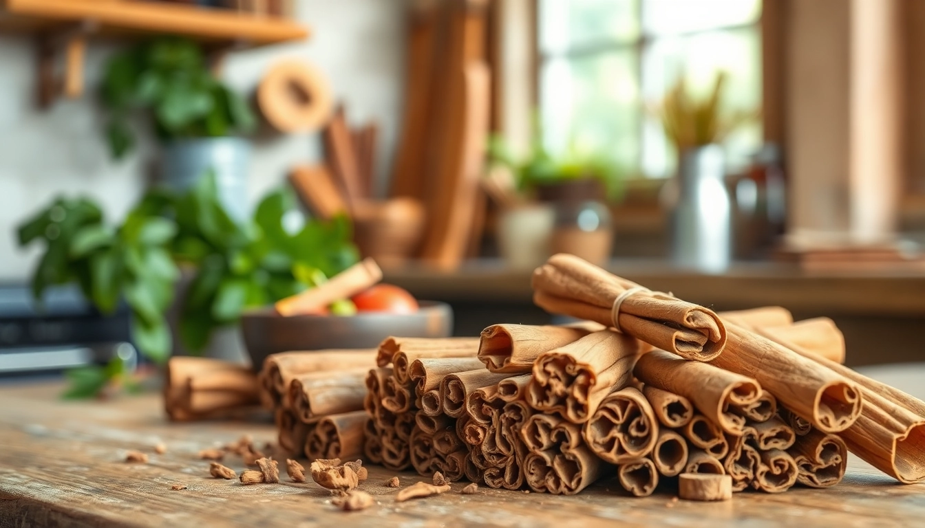 Cinnamon Bark displayed beautifully in a rustic kitchen setting, emphasizing its natural textures and culinary use.
