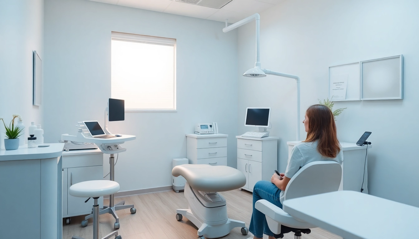 Behandlung in einer modernen ästhetischen Klinik mit einem freundlichen Experten und einem entspannten Patienten am Beratungstisch.