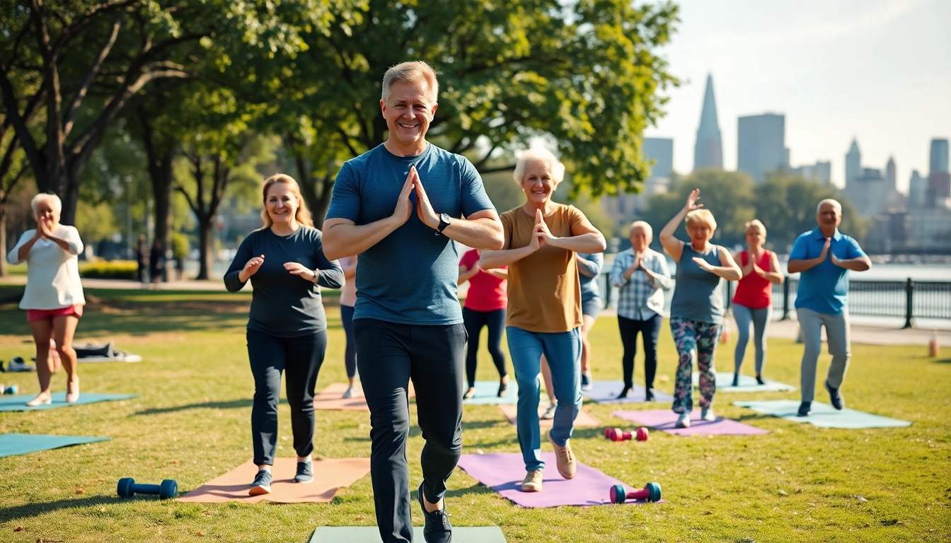 Senior Fitness trainer Jersey City leading an engaging exercise session with older adults in a vibrant outdoor setting.