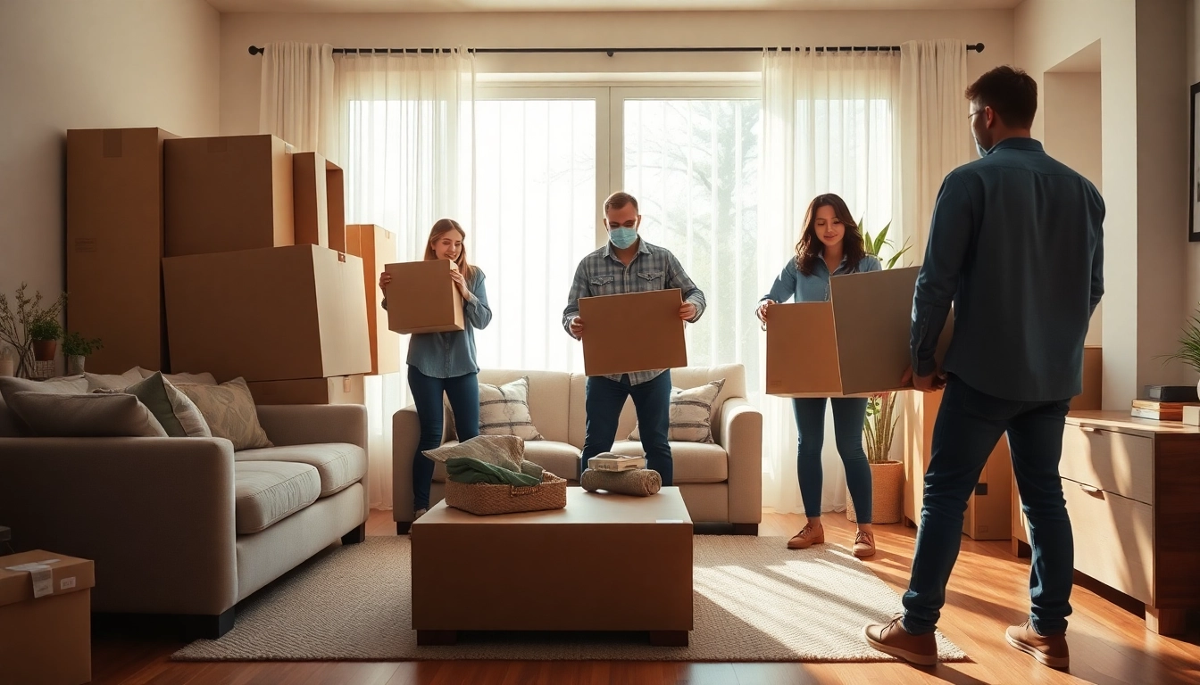 Efficiently organizing furniture during Umzug Erlangen with professional movers in a well-lit room