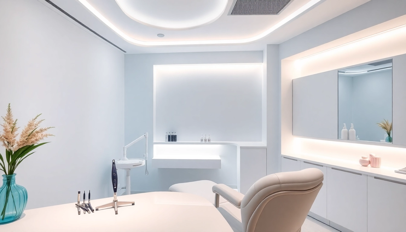 Behandlung in einem modernen ästhetischen Behandlungszimmer mit eleganten Instrumenten und beruhigenden Farben.