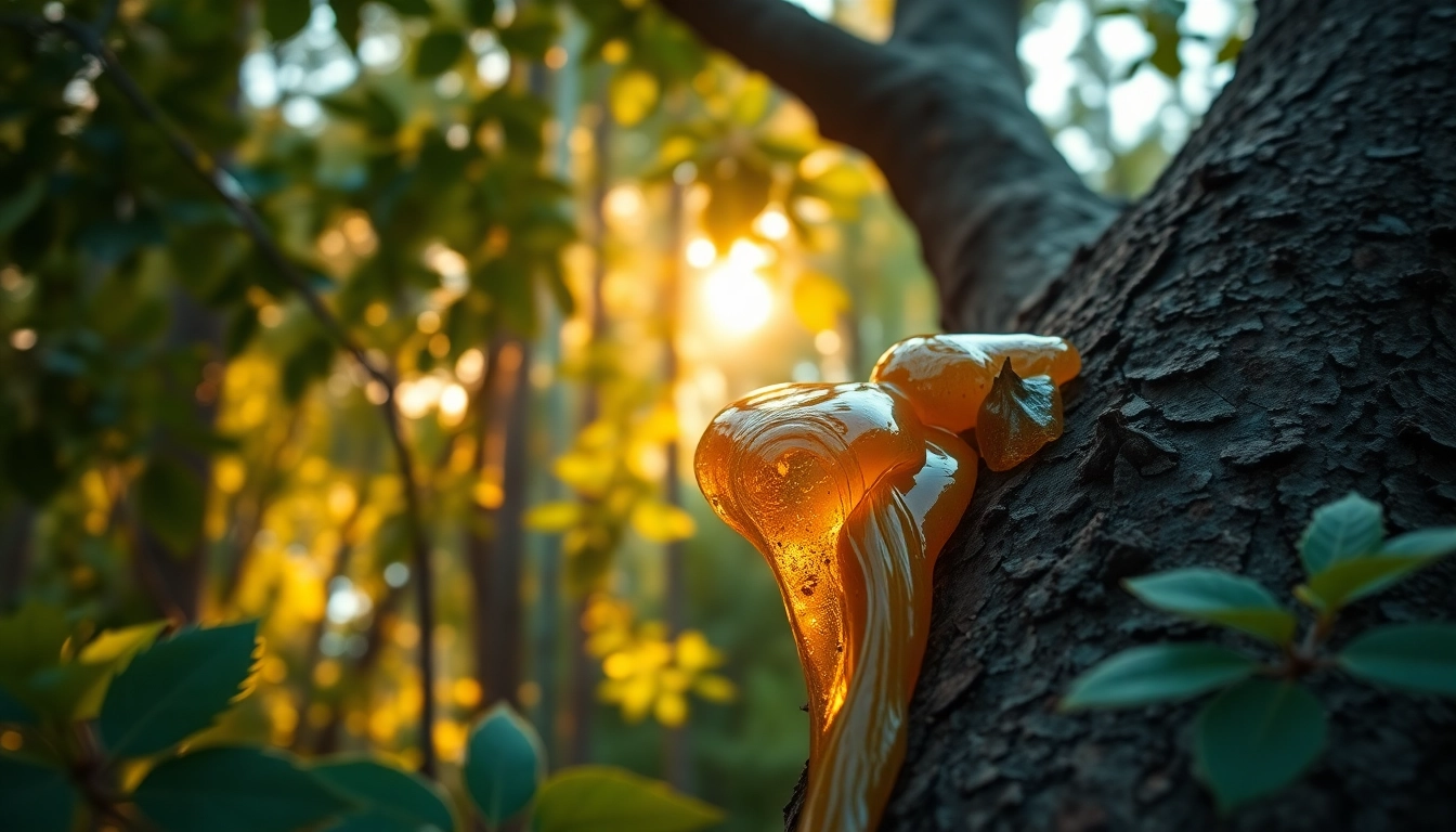 Benjoin résine extrait de l'écorce d'un arbre Styrax, mettant en avant ses détails brillants et naturels.