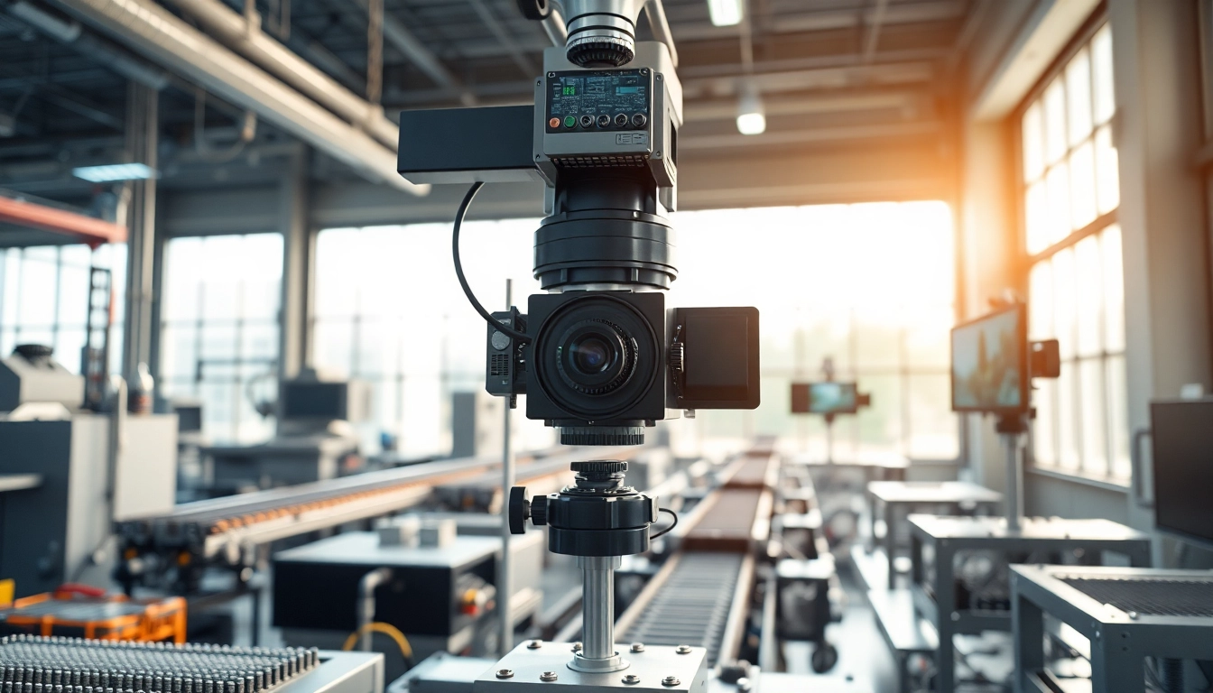 Showcasing machine vision technology in an industrial setting with advanced cameras and equipment