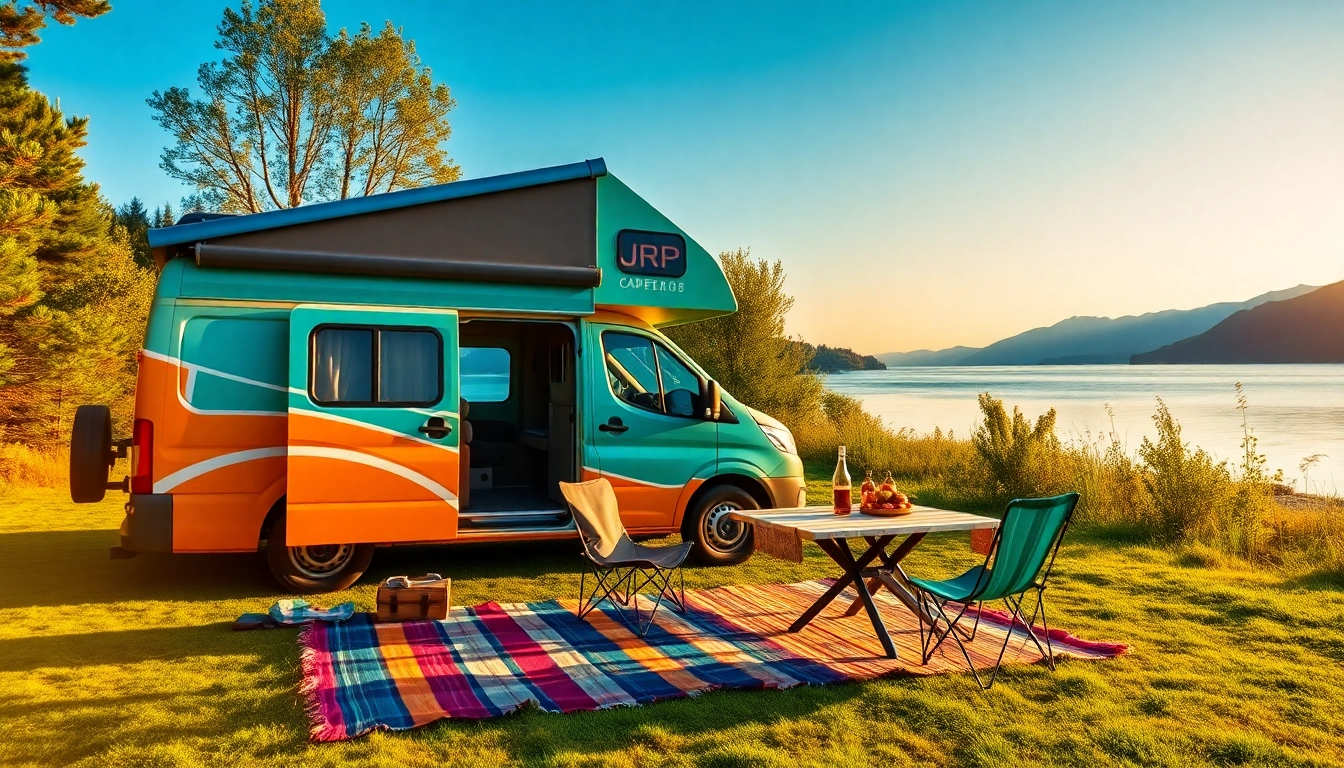 Experience the adventure with JRP Campers showcased beside a serene lake.
