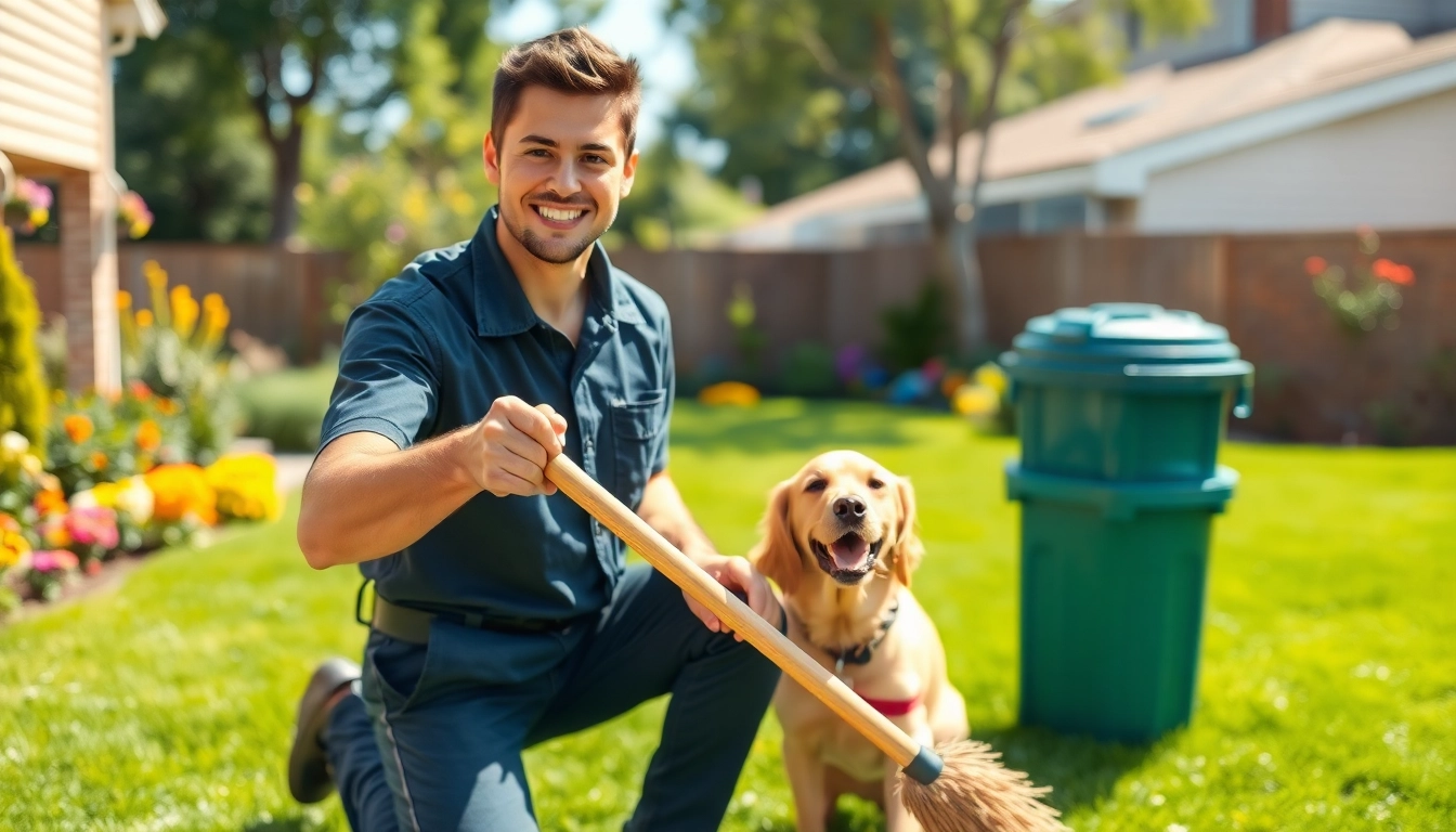 Weekly dog poop scooping service featuring a friendly technician cleaning a yard.