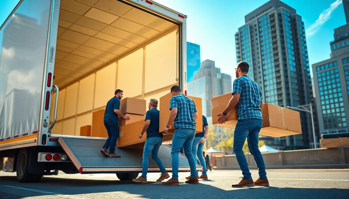 Moving company nyc team efficiently loading furniture into a truck under a bright NYC sky.