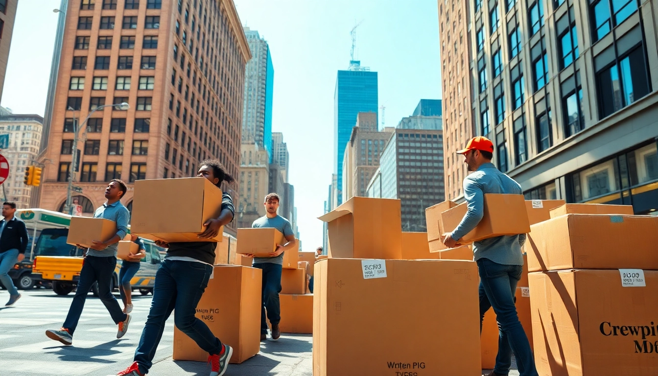 Moving company nyc team efficiently relocating boxes and furniture on a bustling New York City street.