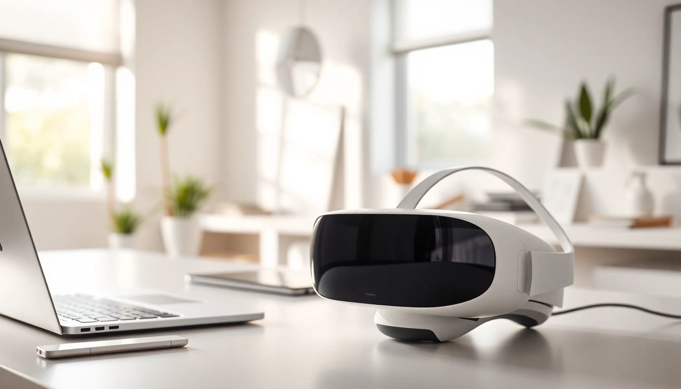 Buy Vision Pro headset showcased in a modern workspace with a sleek laptop.