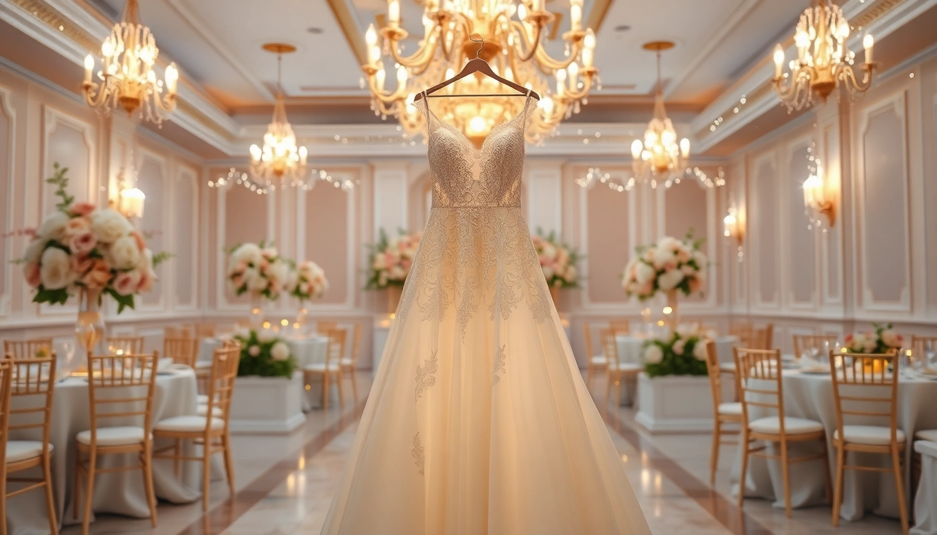 Showcasing Reception Wedding Dresses in a beautifully designed wedding reception hall, highlighting its elegance.