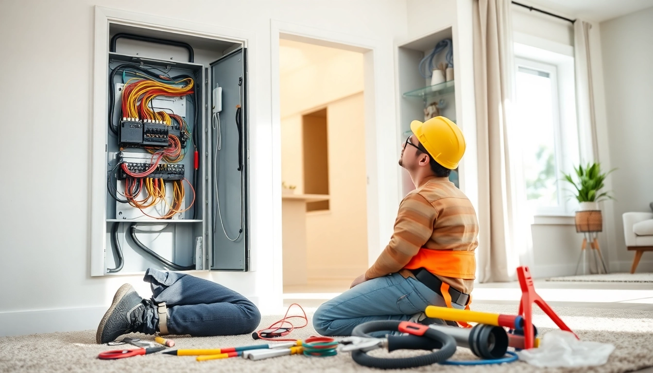 Electrician performing an Electrical Panel Upgrade with safety gear and tools in a modern living room.