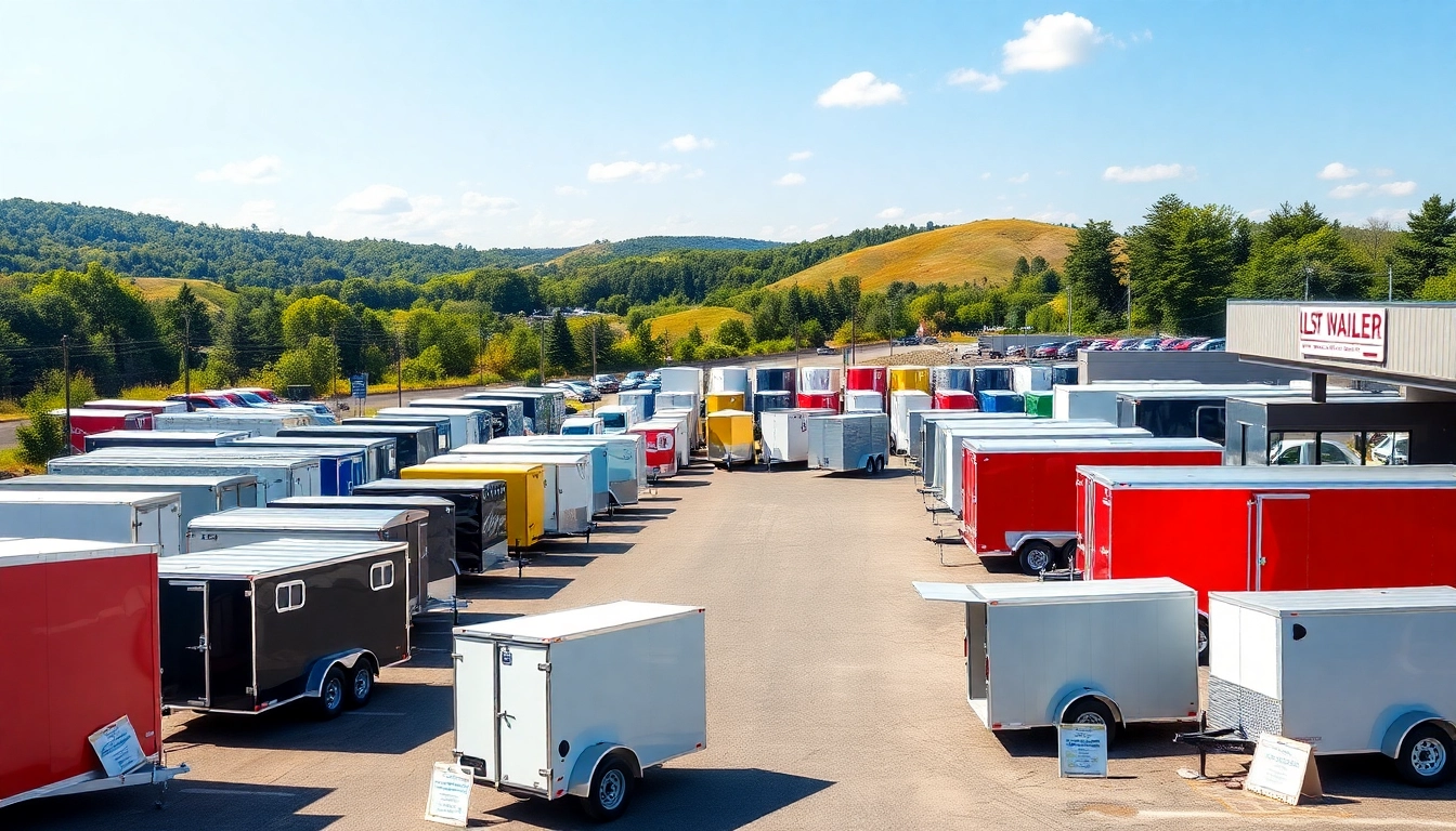 Browse extensive trailers for sale in Massachusetts at an outdoor dealership with vibrant options.