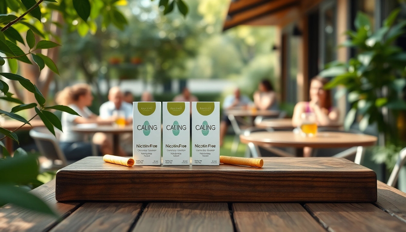 Showcase of nicotine free cigarettes elegantly placed on a wooden table amid greenery.