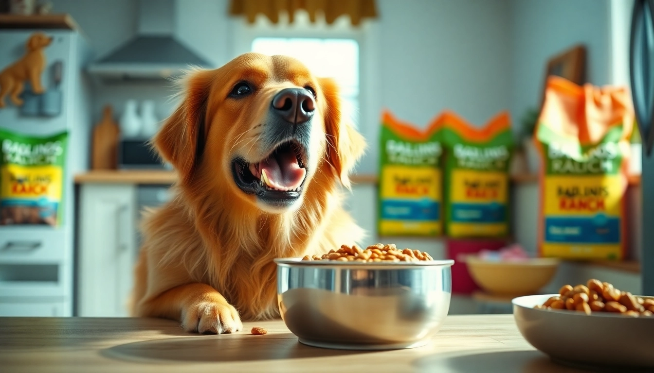 Golden retriever eagerly eating badlands ranch dog food in a bright kitchen.