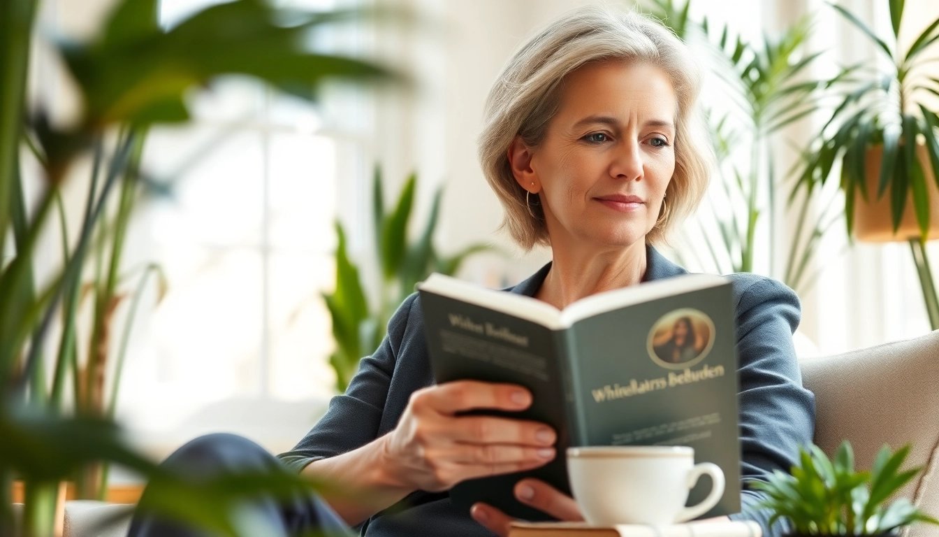 Frauen im Wechseljahrsbeschwerden: Entspannte Frau mit Wellness-Buch und Kräutertee.