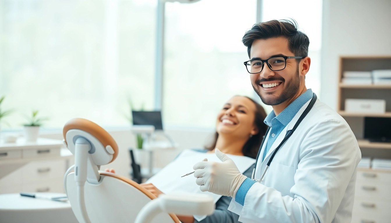 Dental checkups in a modern clinic with a smiling dentist examining a patient.