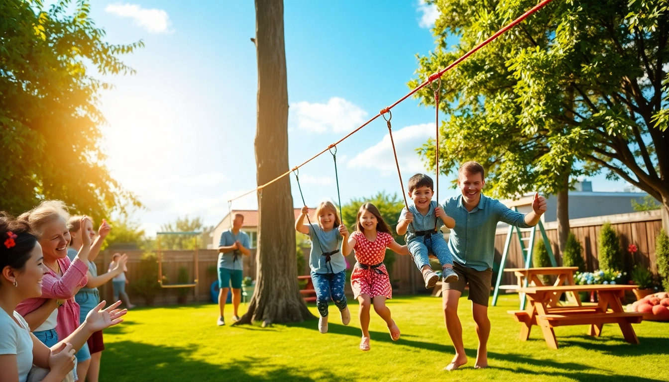 Children riding ZIP WIRE KITS in a lively backyard, showcasing family fun and adventure.