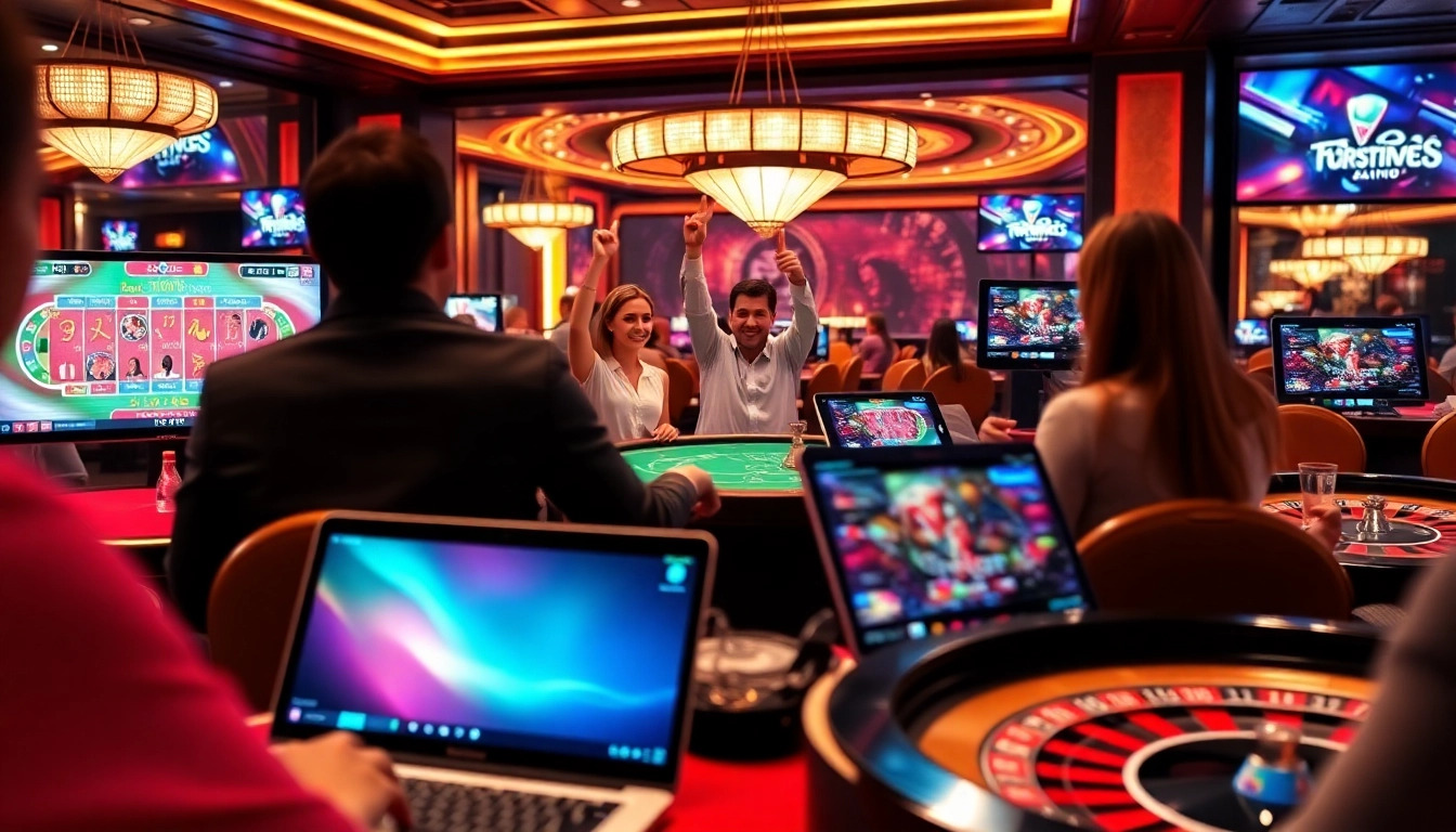 Engage in thrilling action at TPower casino with players celebrating wins in a lively online gaming atmosphere.