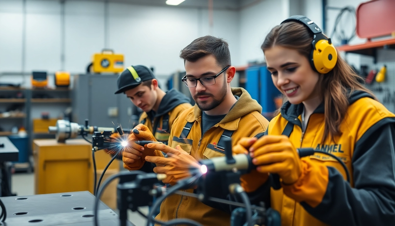 Students engaged in hands-on learning at a trade school Knoxville TN, showcasing welding techniques.