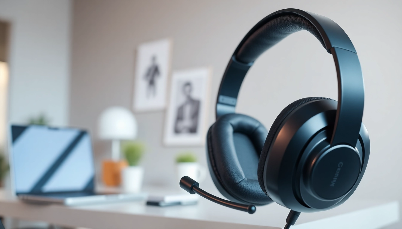 Capture of a headset showcasing its ergonomic design and microphone in a modern workspace.