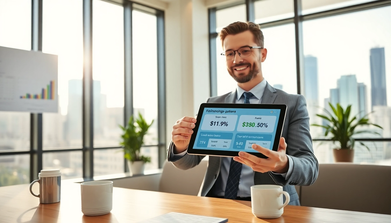 Discussing earnest refinance referral strategies with a financial advisor in a modern office.
