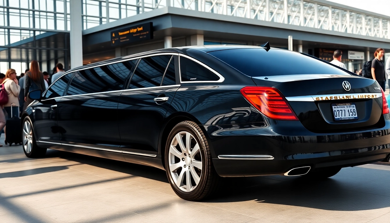 Limo service Vancouver Airport with a luxury limousine parked at terminal, showcasing professional transportation.
