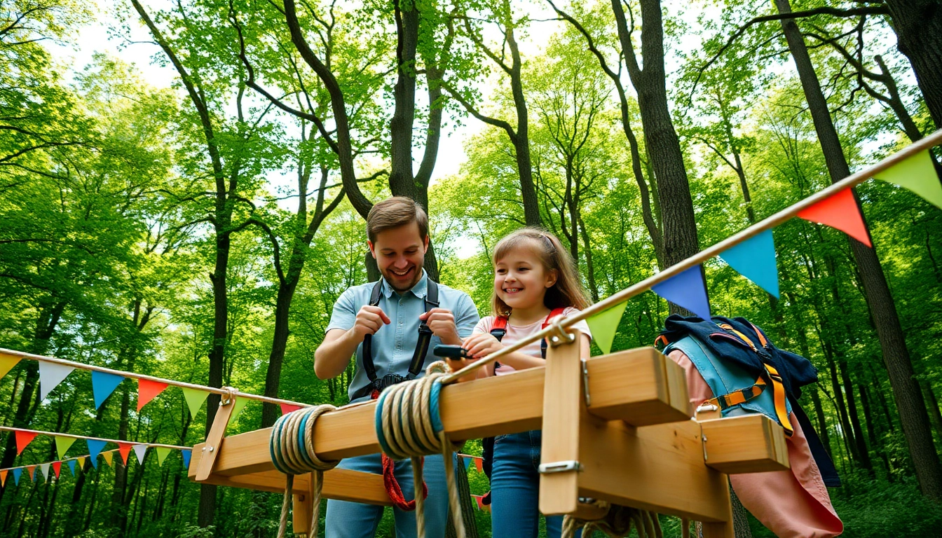 Family joyfully setting up ZIP WIRE KITS in a vibrant forest with safety gear and tools.