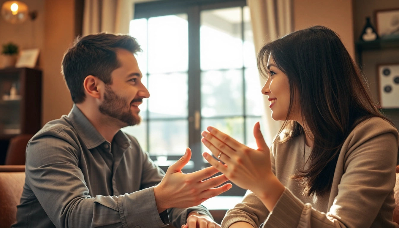 Couple discussing communication in relationships at a cozy café, expressing engagement and connection.