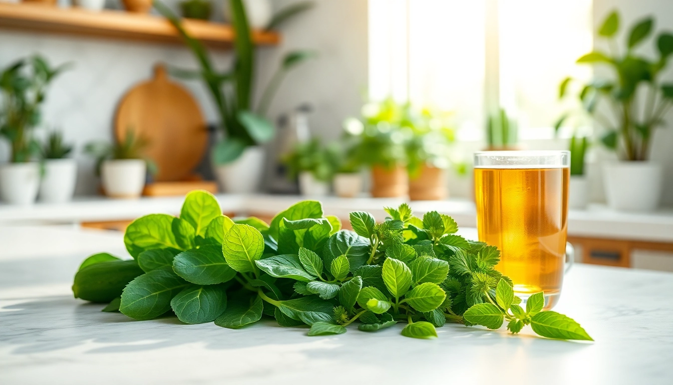 Entgiftung durch frische grüne Lebensmittel und Detox-Tee auf der Küchentheke.