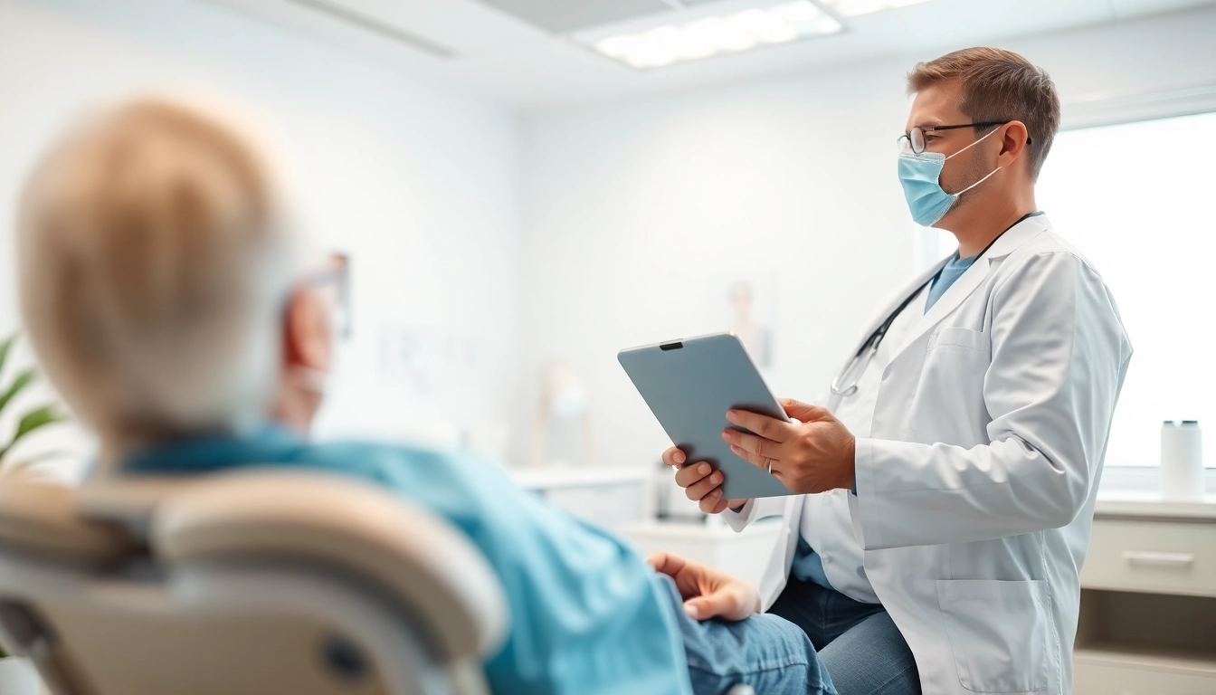 Patient receiving peptide therapy guidance from a healthcare professional in a modern clinic setting.
